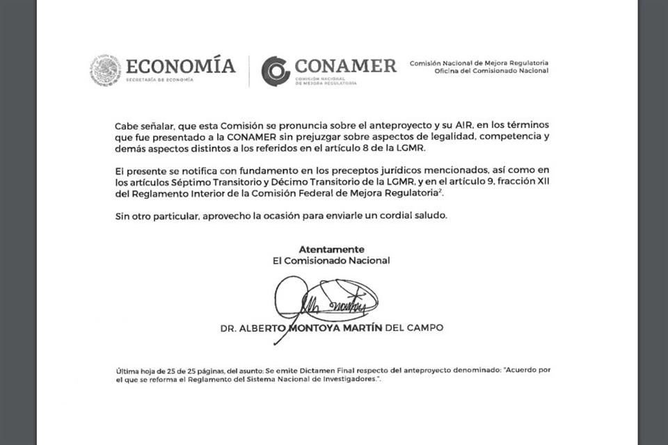 El documento fue firmado por Alberto Montoya, titular de la Conamer.