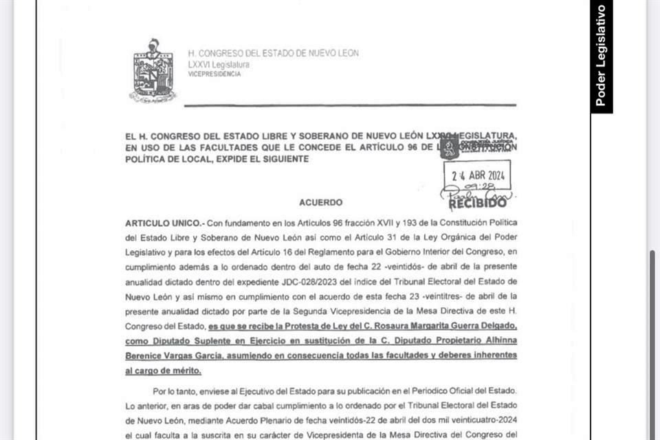 El Gobierno estatal publica en el Periódico Oficial el acuerdo en el que se avala la toma de protesta de Rosaura Guerra como Diputada de MC.