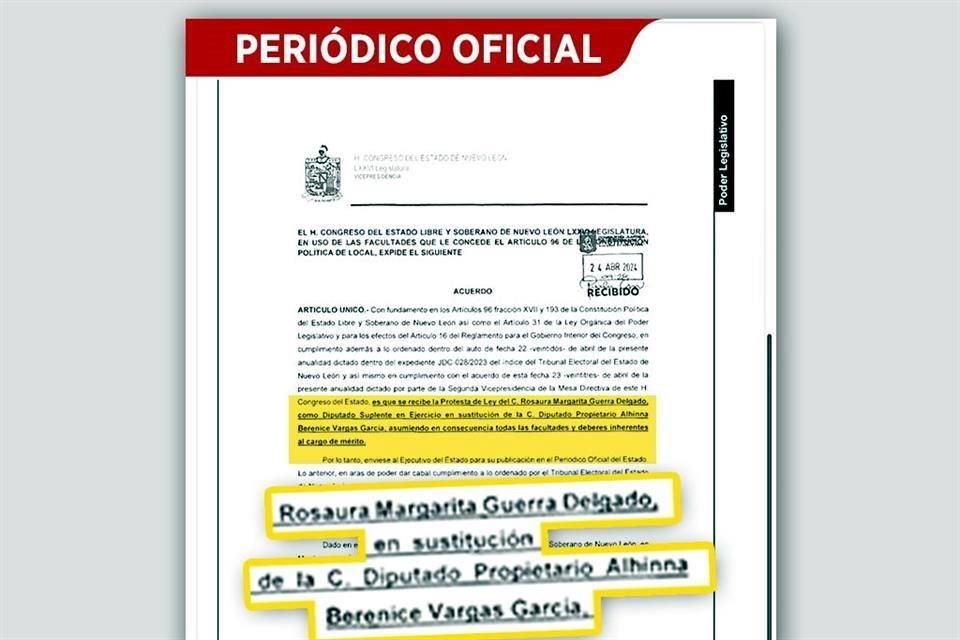 El Periódico Oficial del Estado publicó que Guerra asumió la curul de Vargas.
