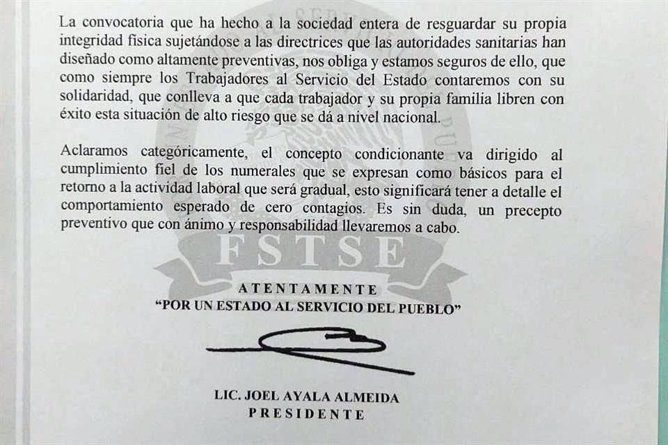 En una carta enviada al Presidente Andrés Manuel López Obrador, Ayala detalló las cuatro condiciones que han solicitado los integrantes de los 82 sindicatos agremiados.