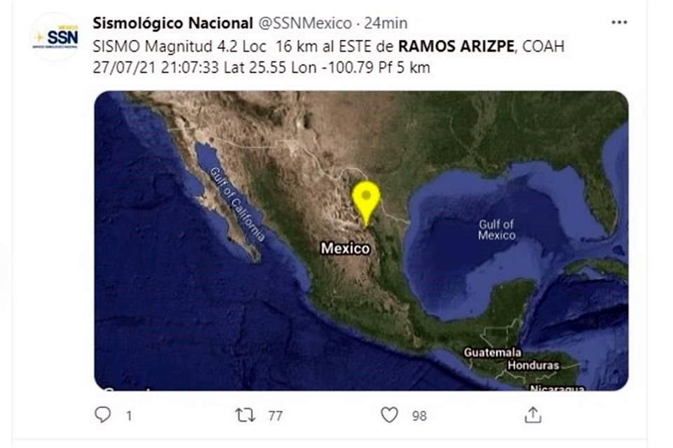 El Servicio Sismológico Nacional informó que el movimiento telúrico se presentó a las 21:07 horas, a unos 16 kilómetros al este de Ramos Arizpe.