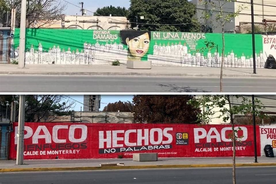 Denuncian familiares de mujeres desaparecidas que mural en memoria de víctimas, en el Centro, es reemplazado por propaganda de Cienfuegos.