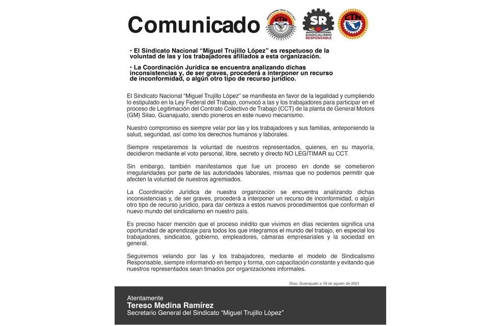 El sindicato 'Miguel Trujillo López', aseguró que si bien respeta el resultado de la consulta que se llevó a cabo en GM Silao, se presentaron irregularidades en el proceso.
