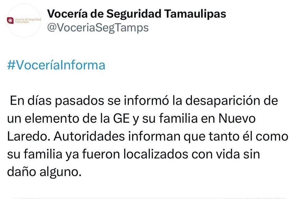 La Vocería Tamaulipas dio a conocer la localización con vida del elemento estatal y su familia, sin ofrecer detalles del hecho.