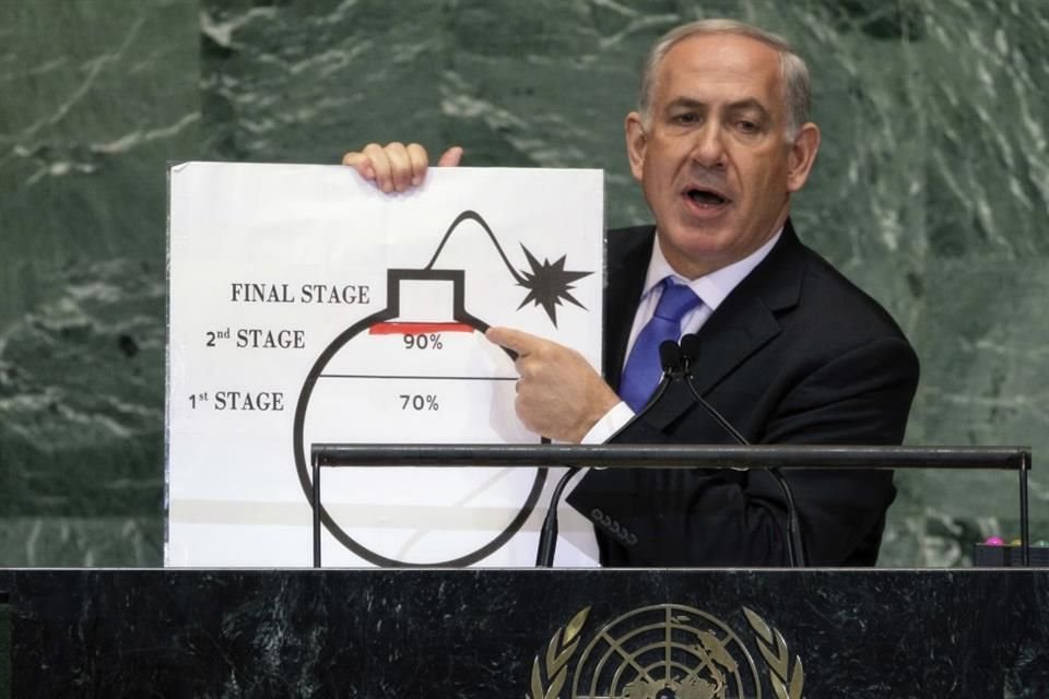 El Primer Ministro israelí, Benjamin Netanyahu, en su discurso en le 67ma sesión de la Asamblea General de Naciones Unidas, el 27 de septiembre de 2012.